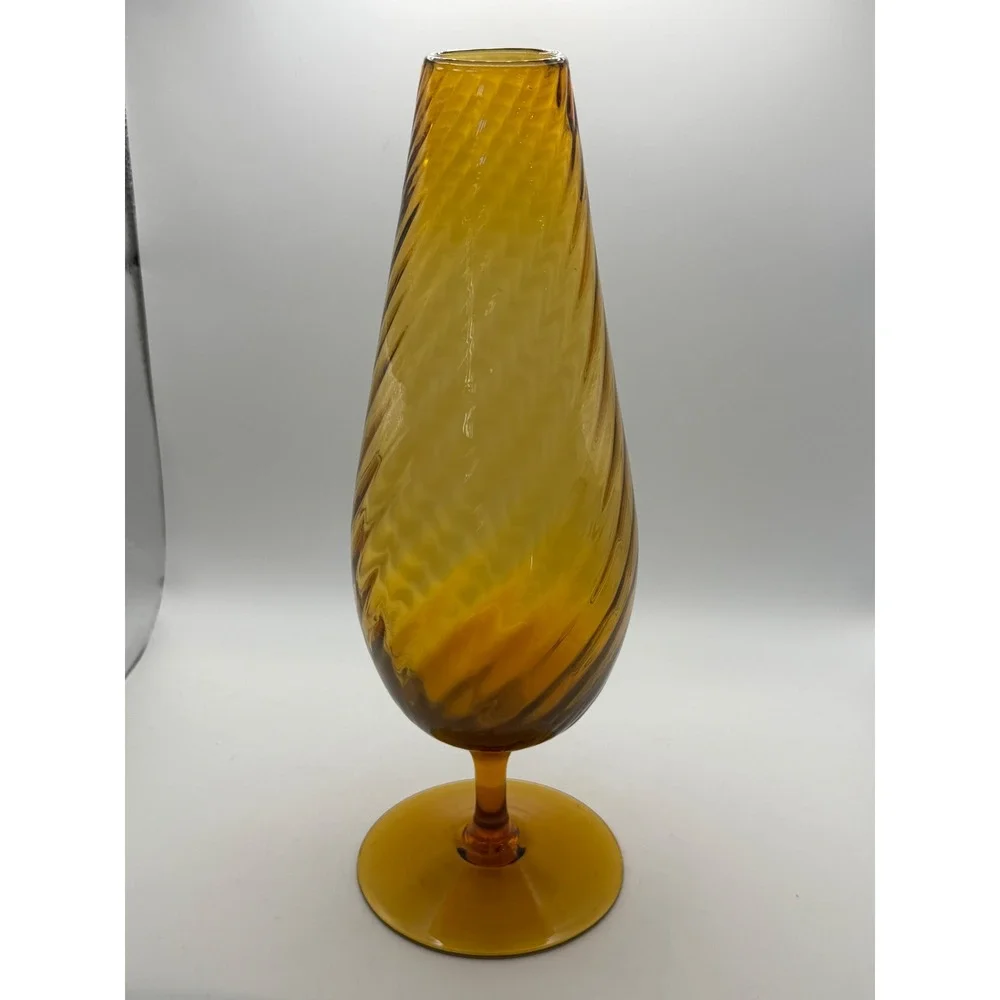 Vintage Empoli Amber Glass Optic Swirl Pedestal Vase Mid-Century Modern Teardrop